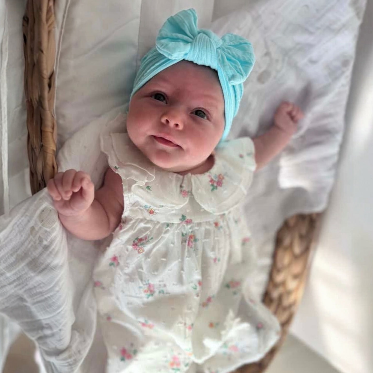 Light Blue Smaller Bow Headband For Newborns to 3 Years Old - Image 1