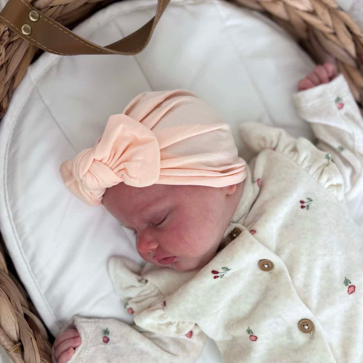 Light Peach Bow Turban Hat For Babies From Newborn to 6 Months - Image 1
