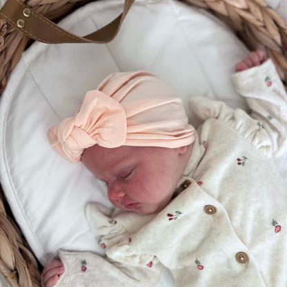 Light Peach Bow Turban Hat For Babies From Newborn to 6 Months - Image 1