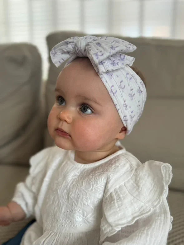Lilac Bow Print Larger Bow Headband For Babies From Newborn - Image 6