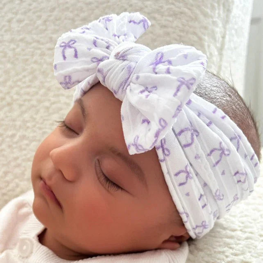 Lilac Bow Print Smaller Bow Headband From Newborn to Age 3 - Image 1