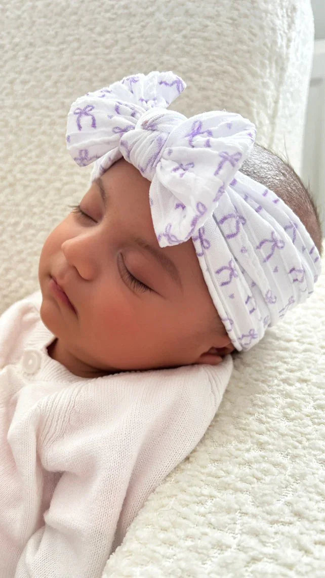 Lilac Bow Print Smaller Bow Headband From Newborn to Age 3 - Image 1