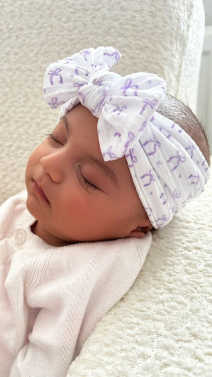 Lilac Bow Print Smaller Bow Headband From Newborn to Age 3 - Image 1