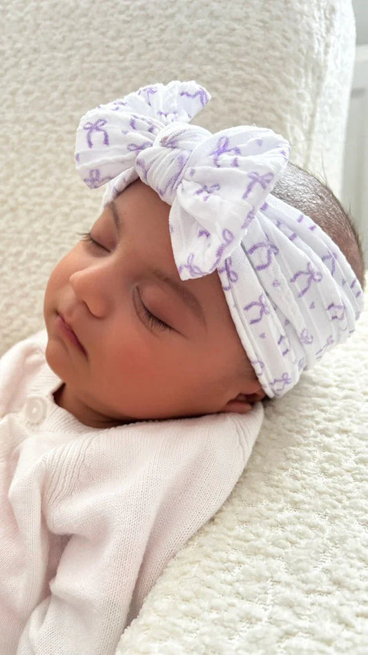 Lilac Bow Print Smaller Bow Headband From Newborn to Age 3 - Image 1