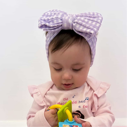 Lilac Gingham Larger Bow Headband For Girls From Newborn - Image 1