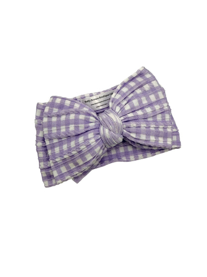 Lilac Gingham Larger Bow Headband For Girls From Newborn - Image 2