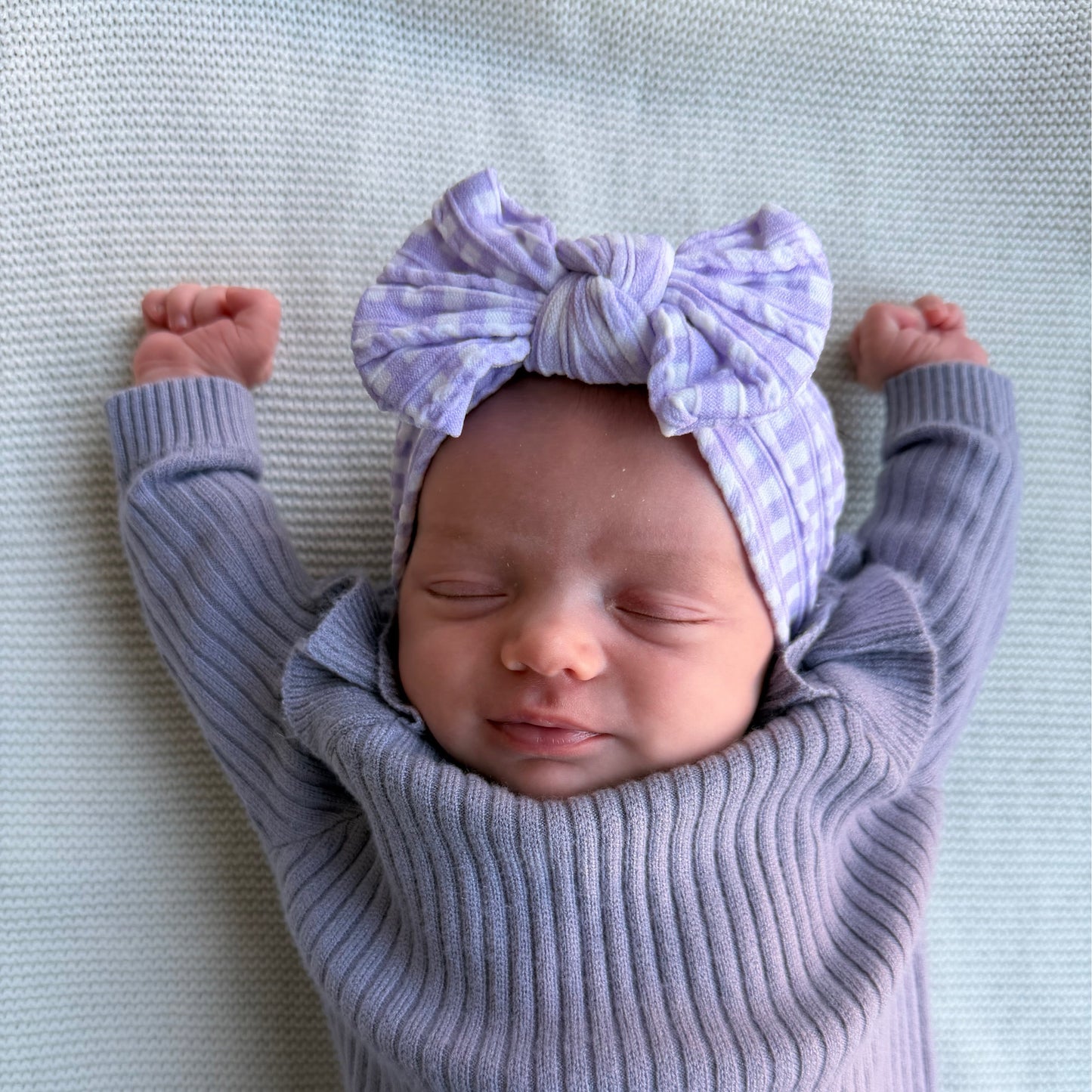 Lilac Gingham Smaller Bow Headband For Babies From Newborn - Image 1