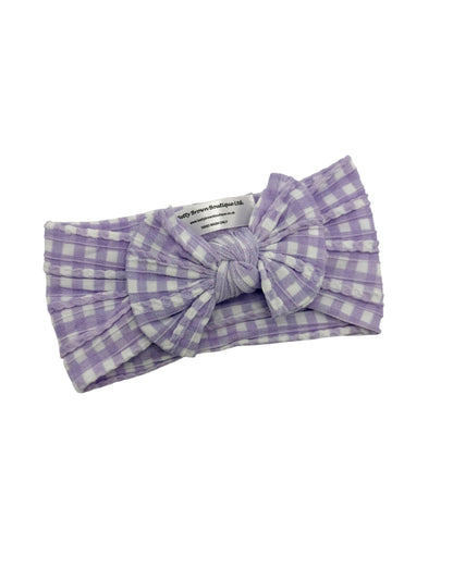 Lilac Gingham Smaller Bow Headband For Babies From Newborn - Image 2