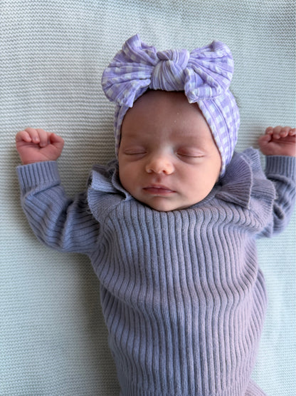 Lilac Gingham Smaller Bow Headband For Babies From Newborn - Image 3
