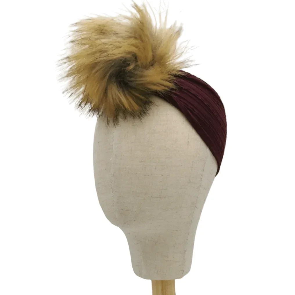 Maroon Faux Fur Pom Headband Designed For Babies to Age 3 - Image 1