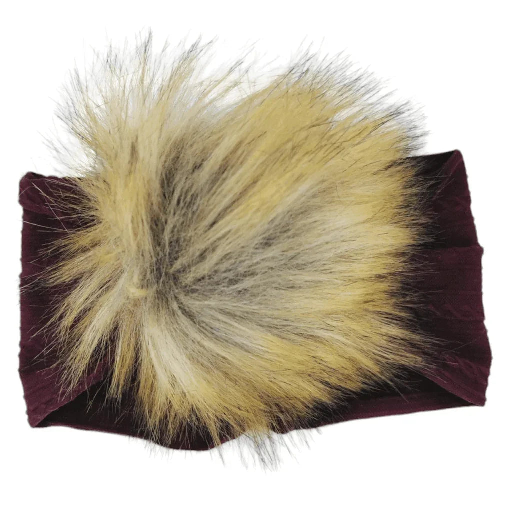 Maroon Faux Fur Pom Headband Designed For Babies to Age 3 - Image 2