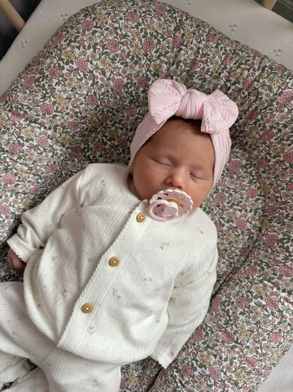 Marshmallow Pink Smaller Bow Headband For Newborns to Age 3 - Image 4