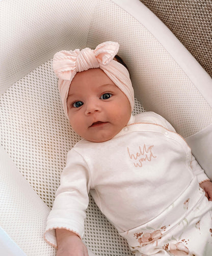 Marshmallow Pink Smaller Bow Headband For Newborns to Age 3 - Image 12