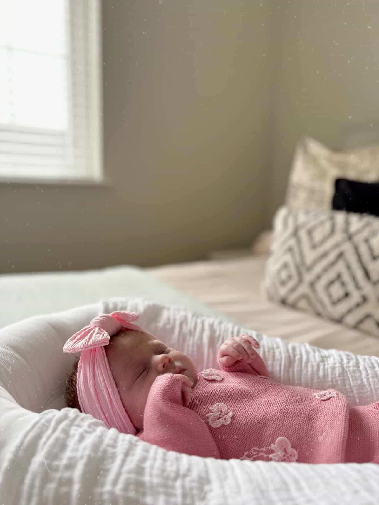 Marshmallow Pink Smaller Bow Headband For Newborns to Age 3 - Image 2