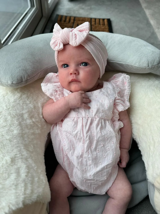 Marshmallow Pink Smaller Bow Headband For Newborns to Age 3 - Image 1