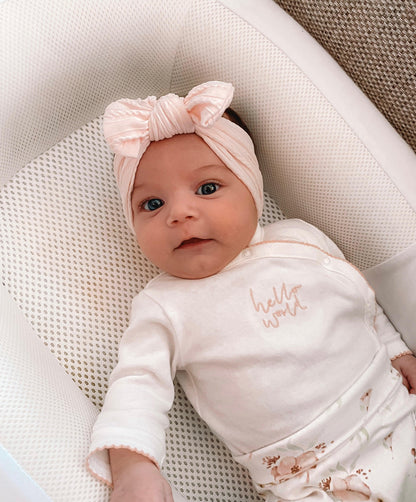Marshmallow Pink Smaller Bow Headband For Newborns to Age 3 - Image 5