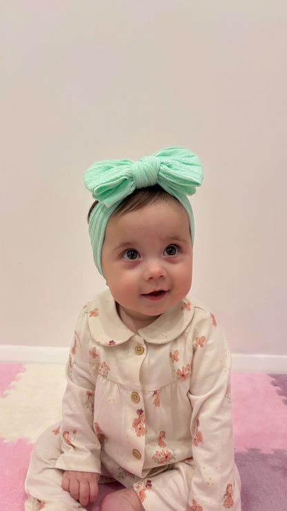 Mint Green Larger Bow Headband For Newborn Babies to Age 3 - Image 1