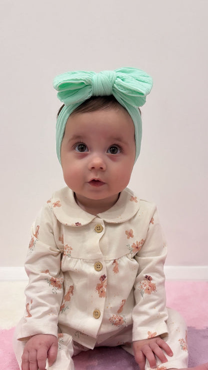 Mint Green Larger Bow Headband For Newborn Babies to Age 3 - Image 2
