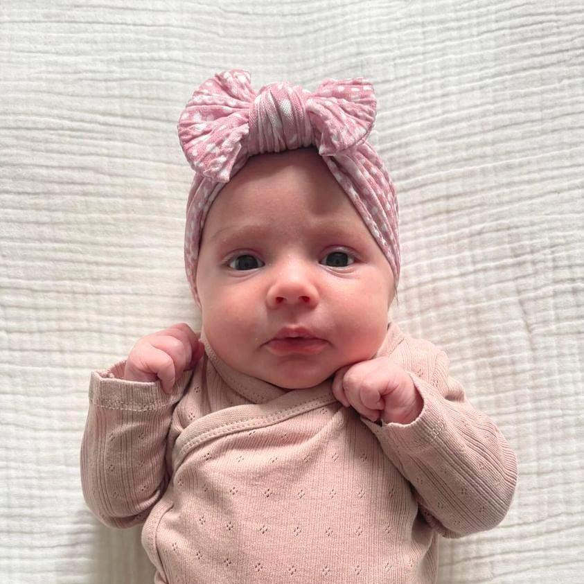 Mocha Dalmatian Smaller Bow Headband For Newborn to Age 3 - Image 1