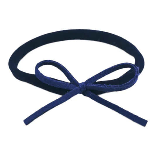 Navy Blue Mini Cord Bow On Headband For Newborns to Age 3 - Image 1