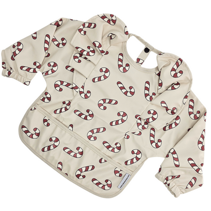 Neutral Candy Cane Christmas Print Baby Bib with Sleeves  - Image 1
