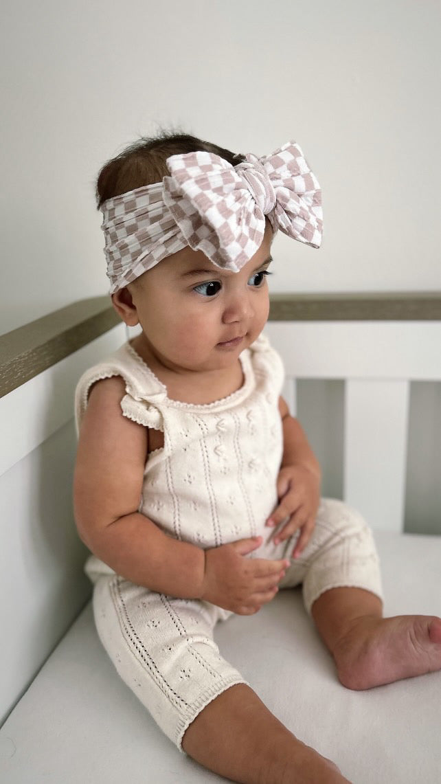 Neutral Checkered Larger Bow Headband For Babies From Newborn - Image 2