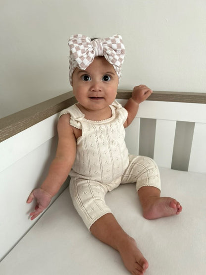 Neutral Checkered Larger Bow Headband For Babies From Newborn - Image 3