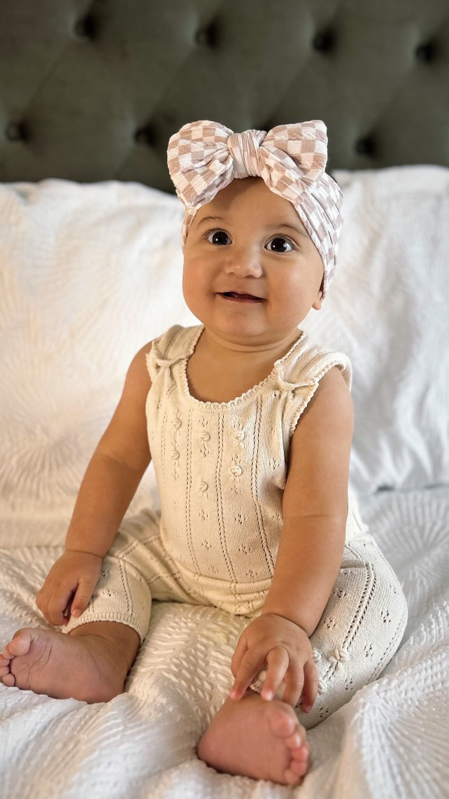Neutral Checkered Larger Bow Headband For Babies From Newborn - Image 6