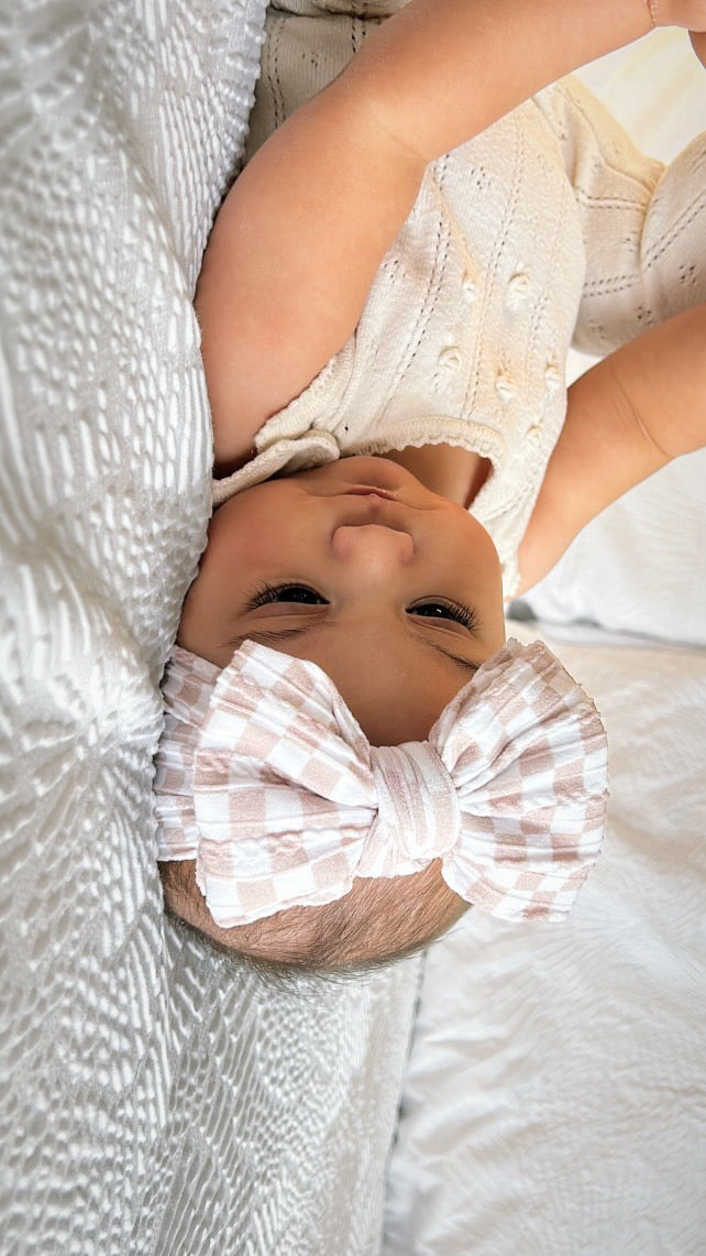Neutral Checkered Larger Bow Headband For Babies From Newborn - Image 7
