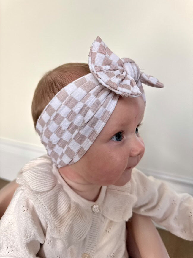 Neutral Checkered Smaller Bow Headband For Girls From Newborn - Image 1