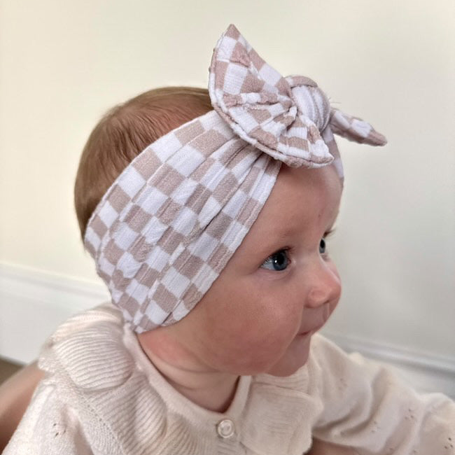 Neutral Checkered Smaller Bow Headband For Girls From Newborn - Image 1