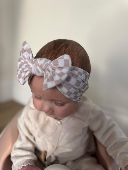 Neutral Checkered Smaller Bow Headband For Girls From Newborn - Image 2