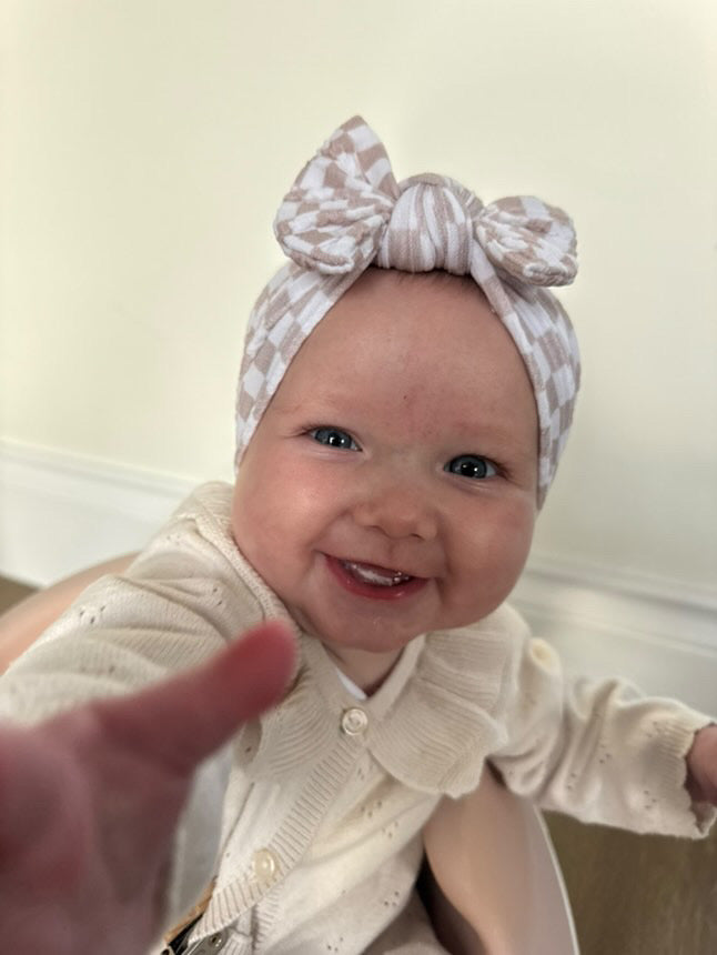 Neutral Checkered Smaller Bow Headband For Girls From Newborn - Image 3