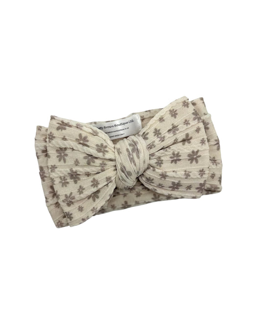 Neutral Flower Larger Bow Headband For Newborns to Age 3 - Image 1