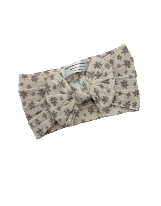 Neutral Flower Print Smaller Bow Headband For Baby Girls - Image 1