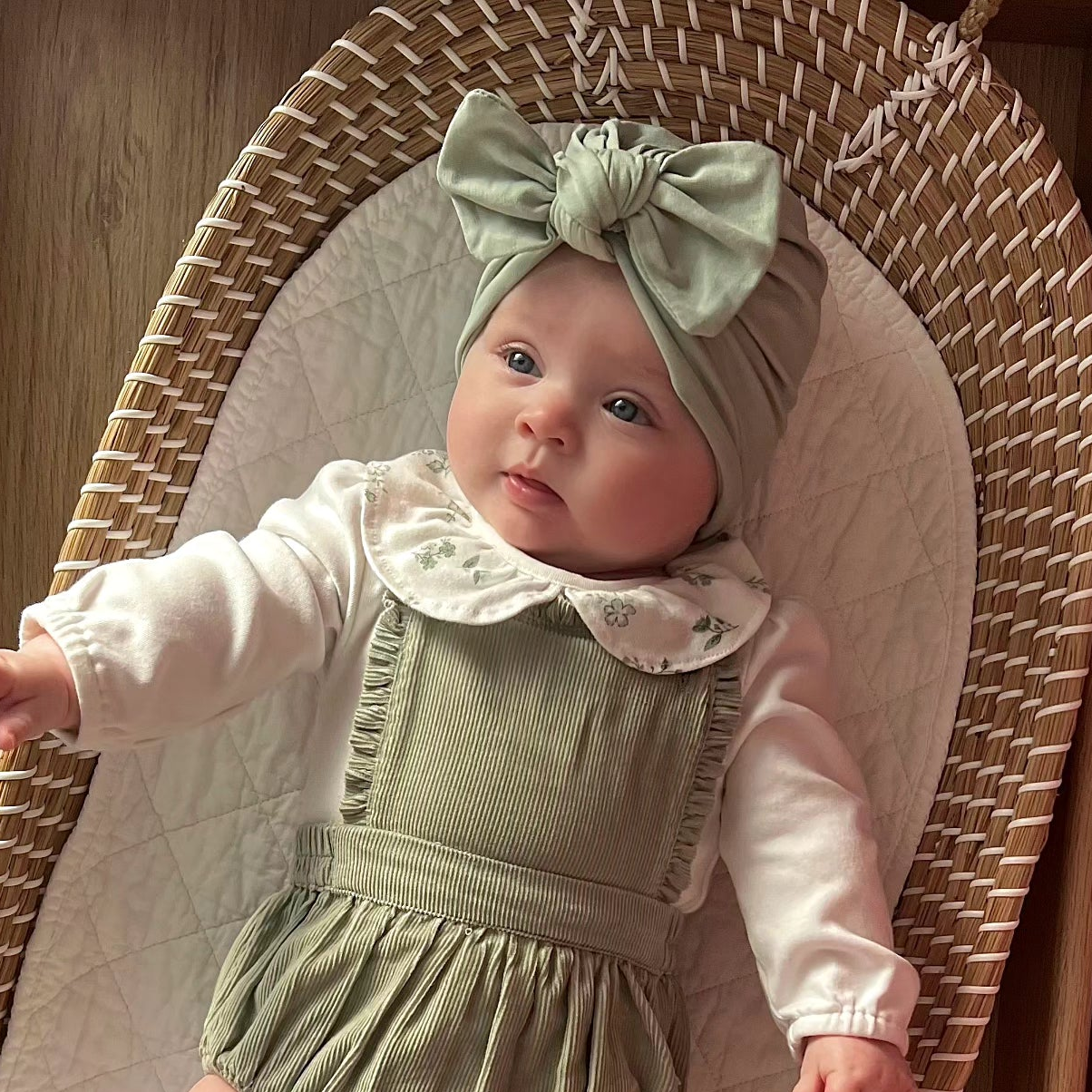 Olive Green Turban Hat With Bow For Newborns to 24 Months Old - Image 2