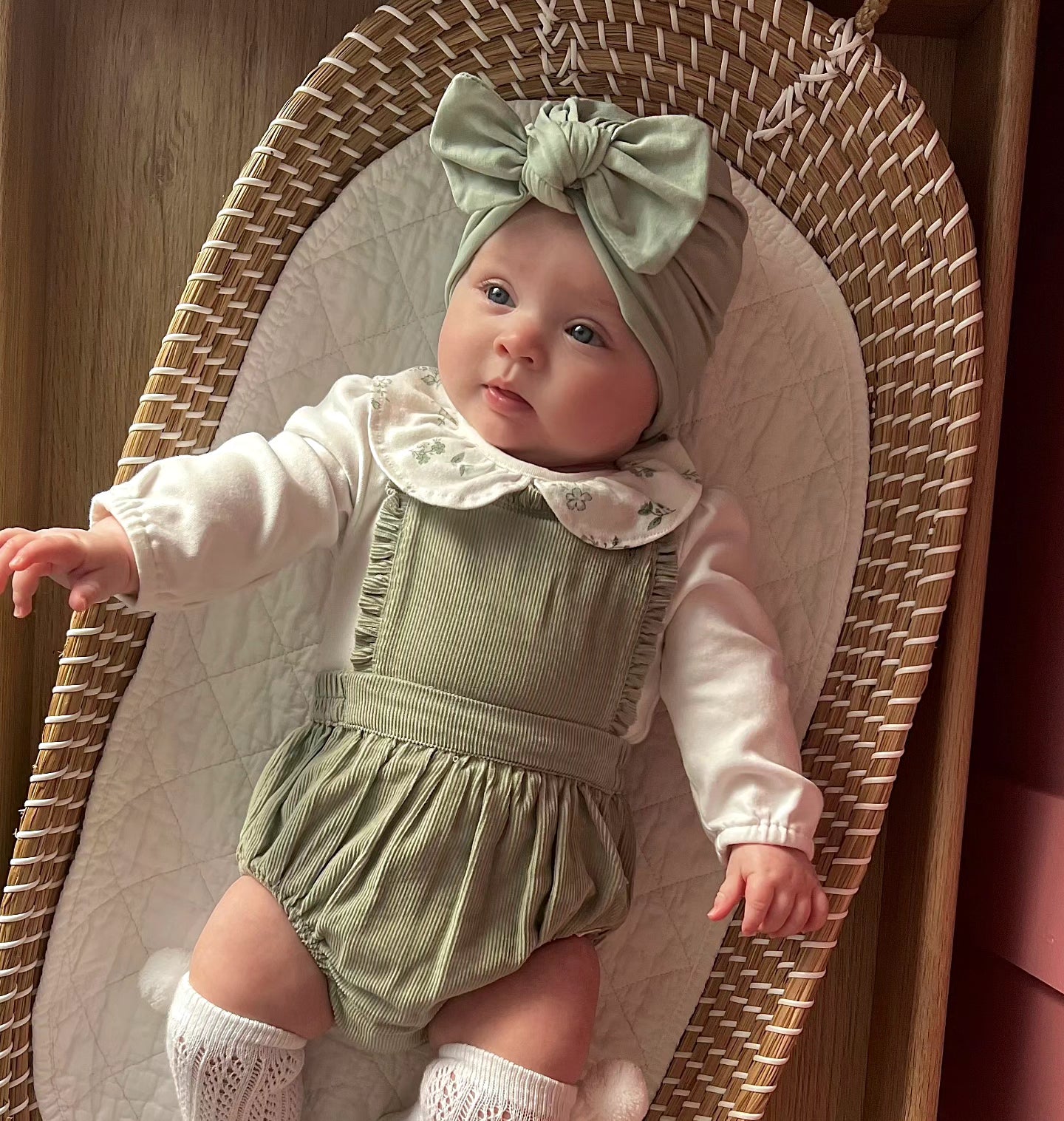 Olive Green Turban Hat With Bow For Newborns to 24 Months Old - Image 5