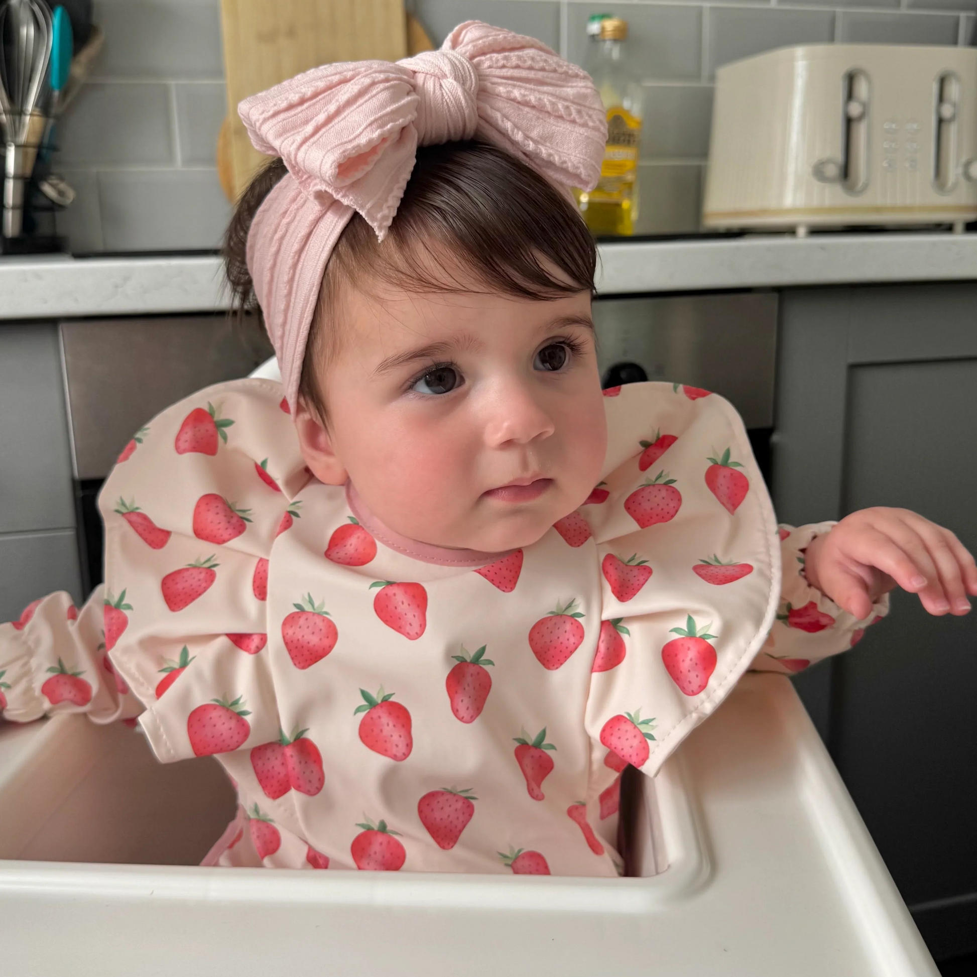 Pale Pink Strawberry Bib with Sleeves For 6-36 Months Olds - Image 1