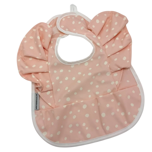 Peachy Pink Polkadot Frill Detailed Waterproof Weaning Bib