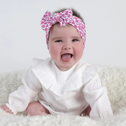 Pink & White Daisy Print Smaller Bow Headband For Babies - Image 1