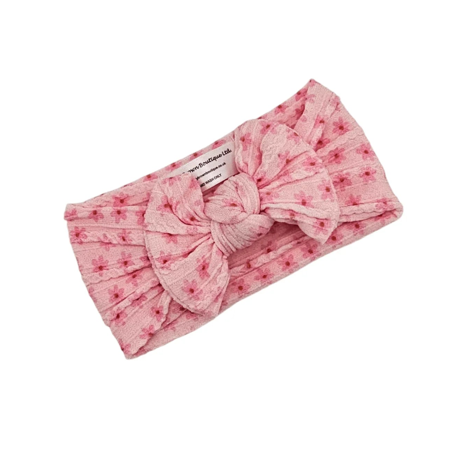Pink Boho Daisy Print Smaller Bow Headband For Newborn to Age 3 - Image 2