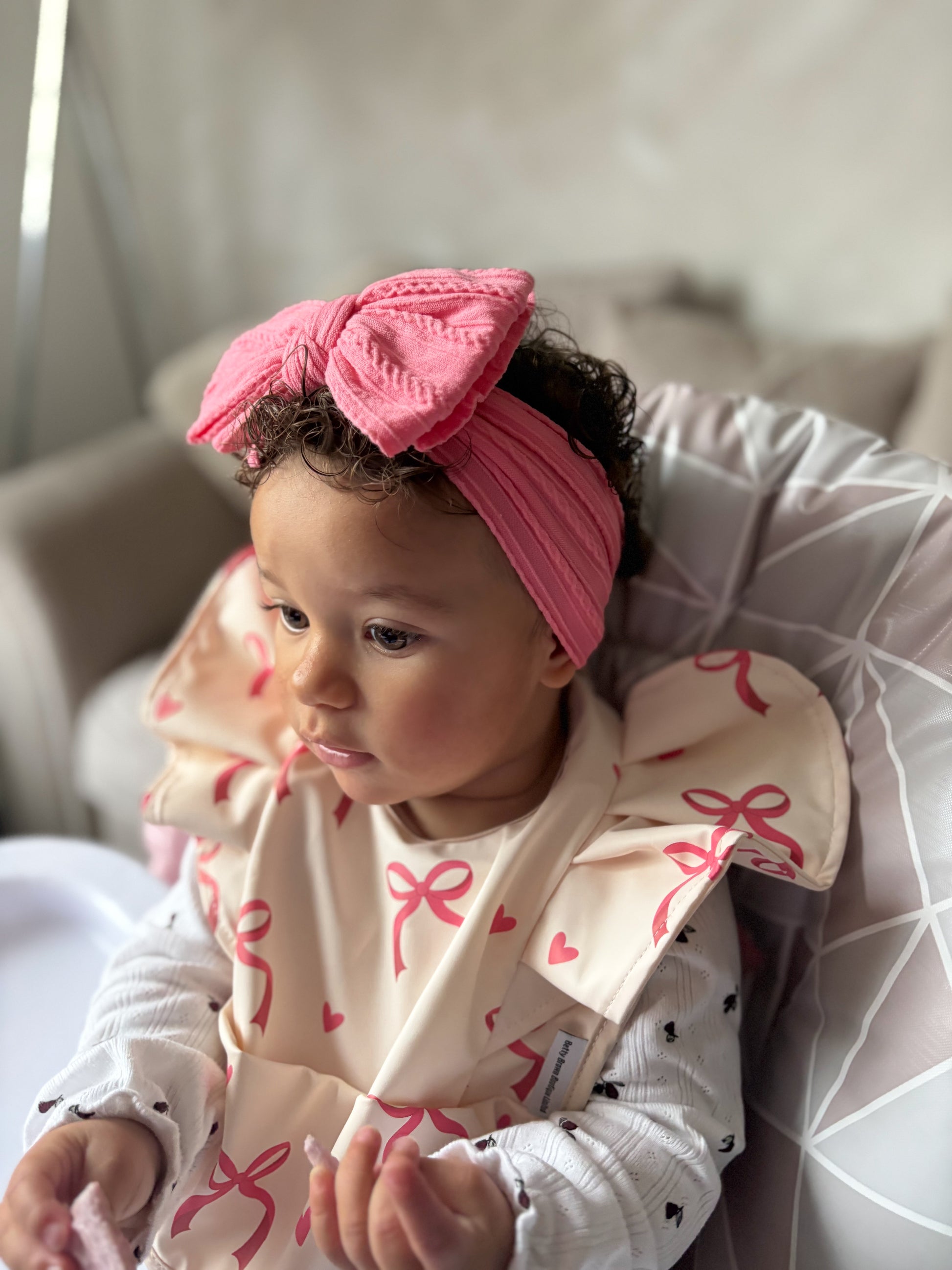 Pink Bow Print Waterproof Bib For 6-18 Months Old - Image 2