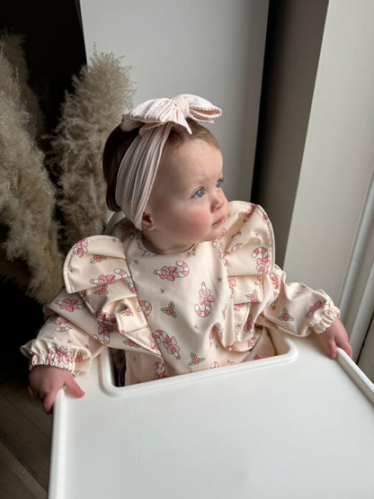 Pink Candy Cane Christmas Baby Bib with Sleeves - Image 1