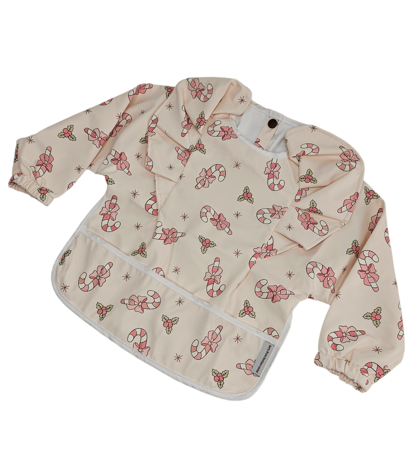 Pink Candy Cane Christmas Baby Bib with Sleeves - Image 4