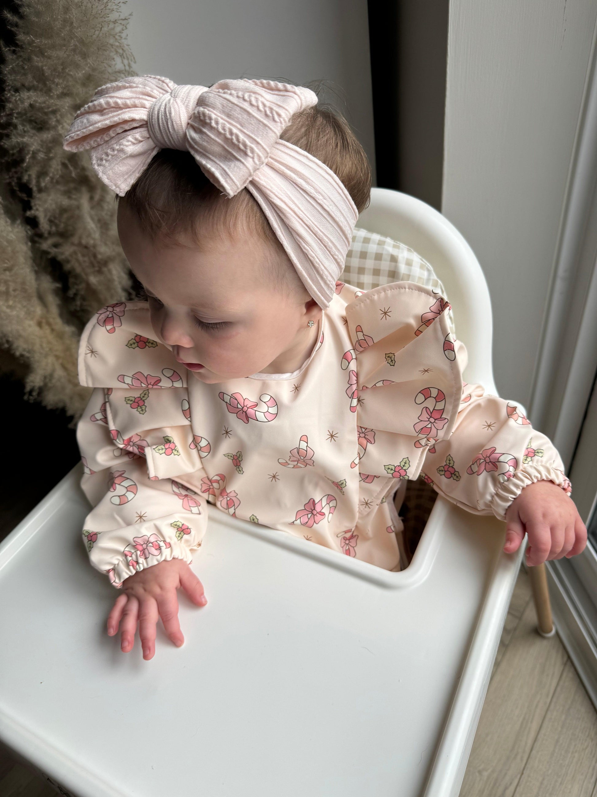 Pink Candy Cane Christmas Baby Bib with Sleeves - Image 6