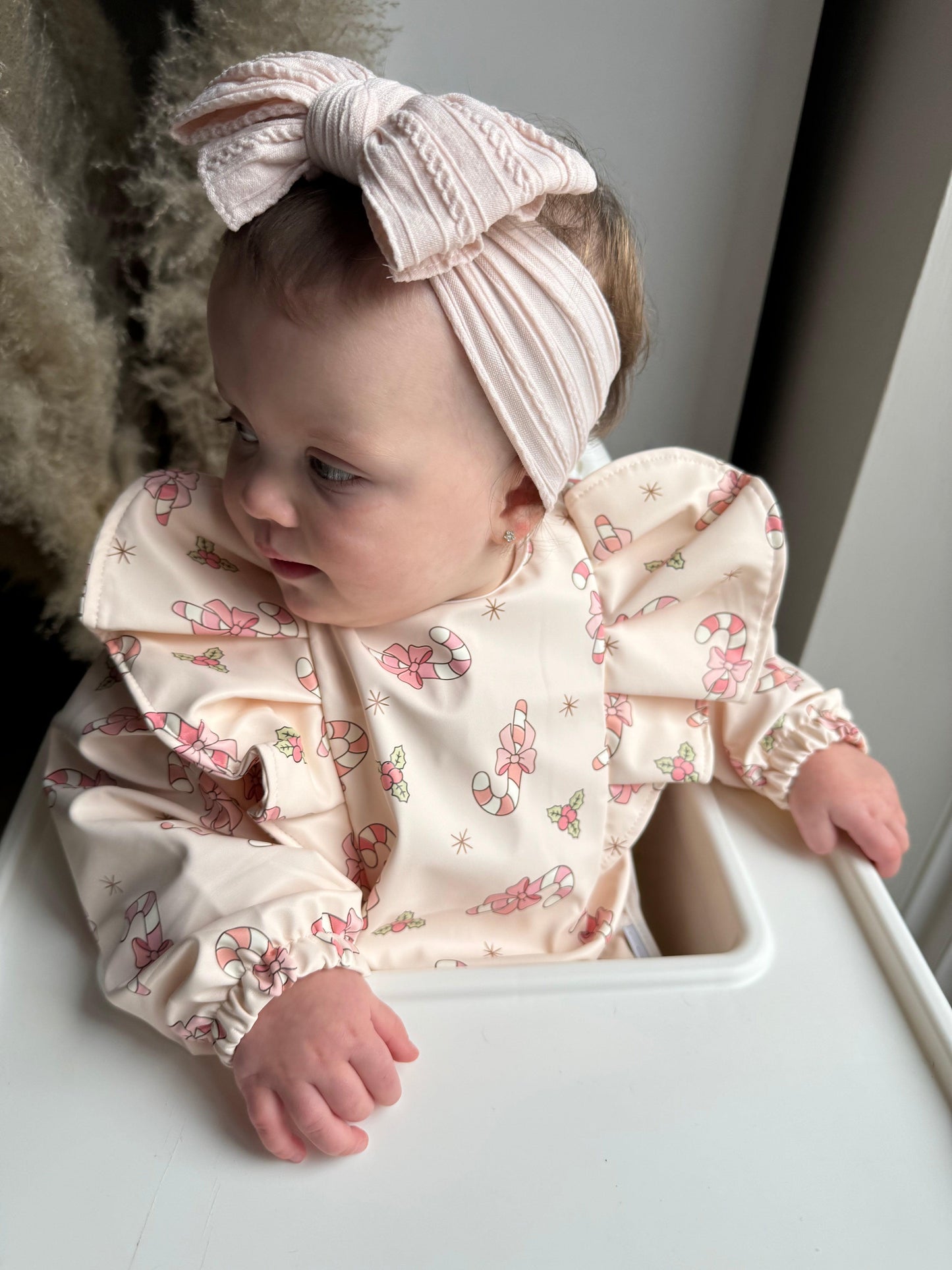 Pink Candy Cane Christmas Baby Bib with Sleeves - Image 7