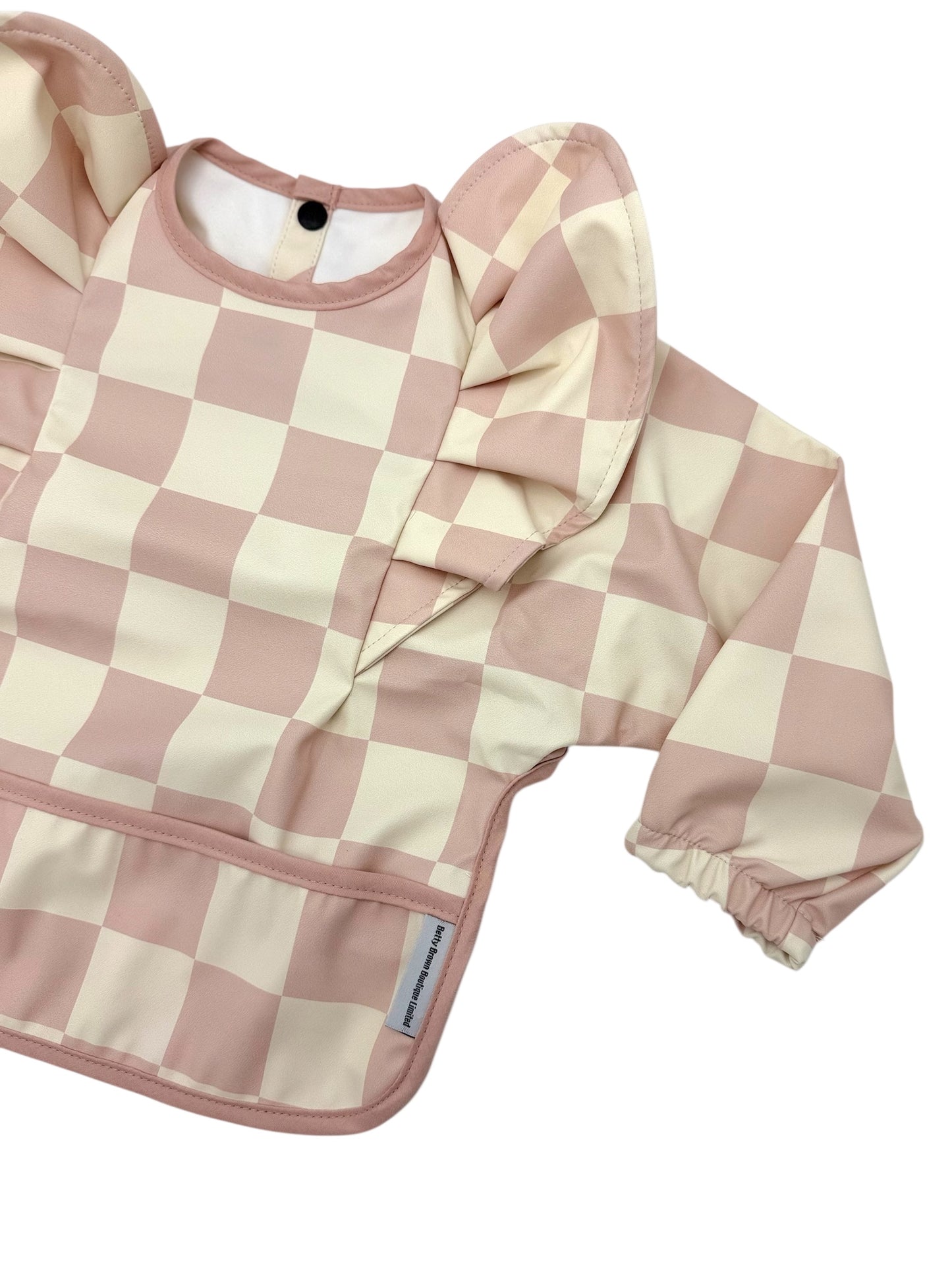 Pink Checkered Waterproof Bib with Sleeves For 6-36 Months - Image 6