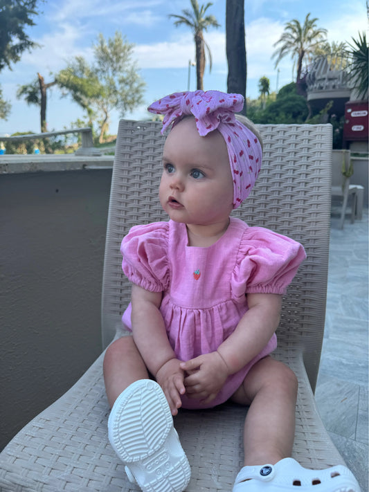 Pink Cherry Print Larger Bow Headband For Newborns to Age 3 - Image 1