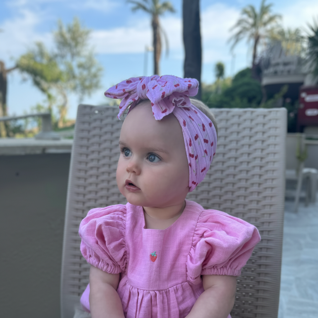 Pink Cherry Pattern Larger Bow Cable Knit Headband