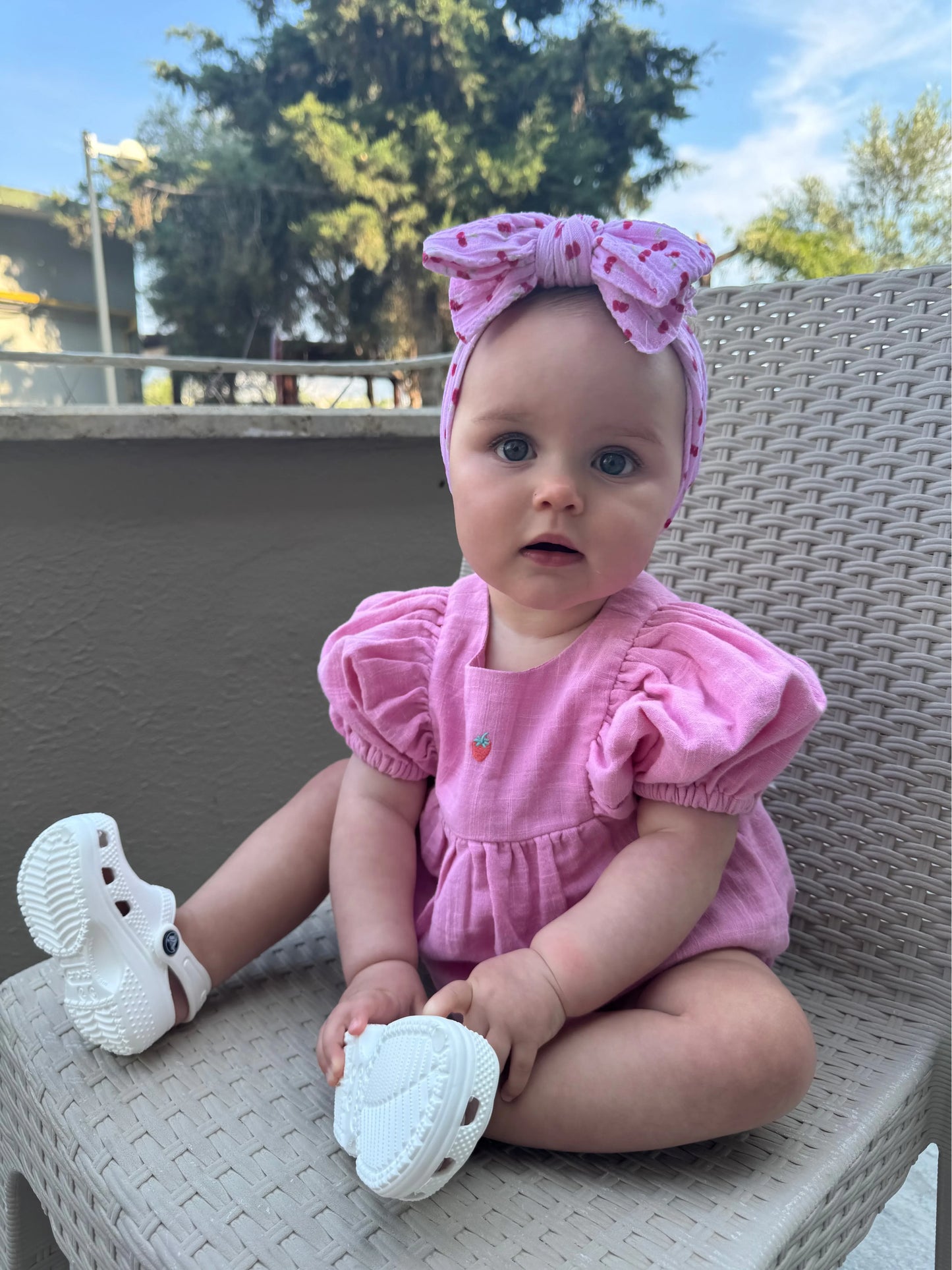 Pink Cherry Print Larger Bow Headband For Newborns to Age 3 - Image 2